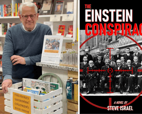 Rep Steve Israel with Einstein Conspiracy Book cover in book store